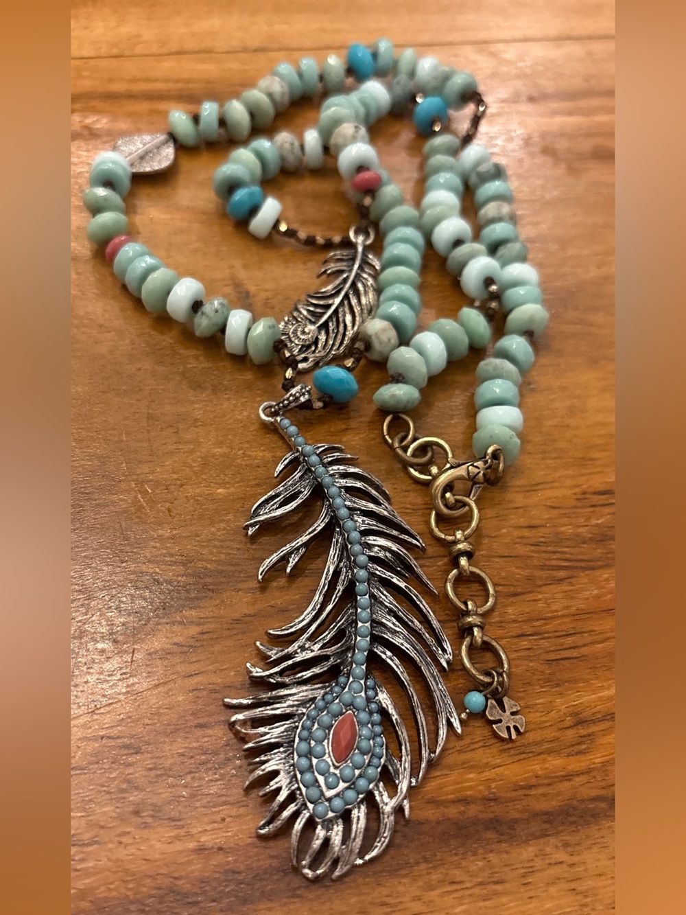 Lucky Brand Feather Pendant Necklace Boho Western Beaded Statement
